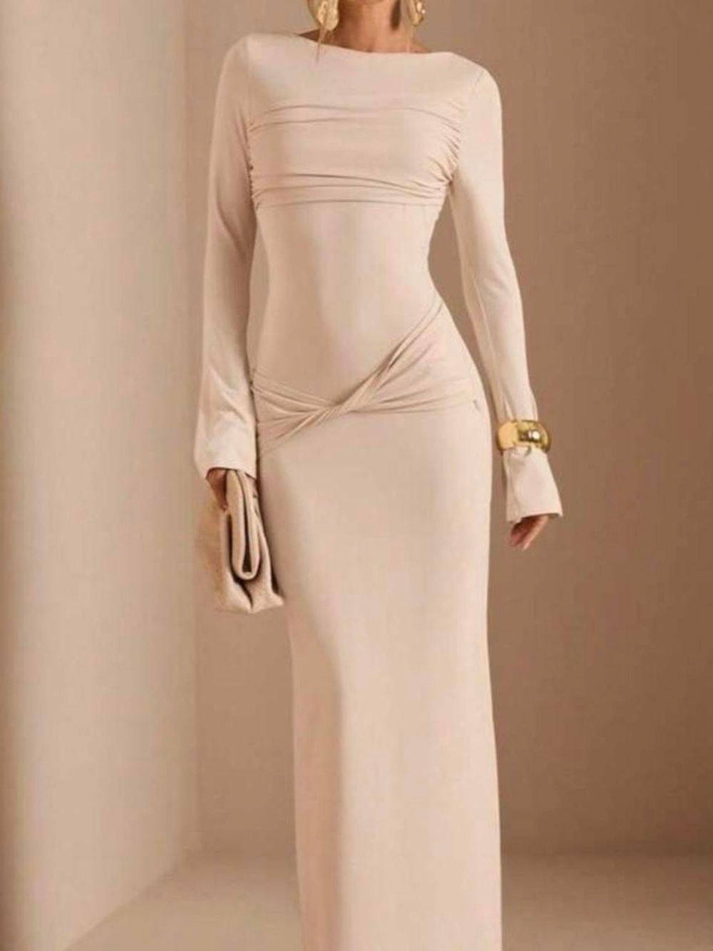 Elegant Long-Sleeve Twist Midi Dress in Nude